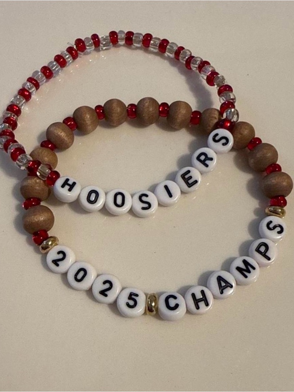 Custom 'Hoosiers 2025 Champs' Beaded Bracelet Set - Red & Natural